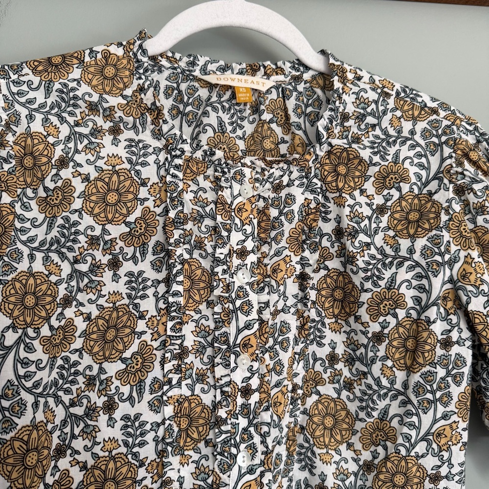 Downeast Boho Floral Print Puff Short Sleeve Button Down Blouse Top Cottagecore - Picture 3 of 11